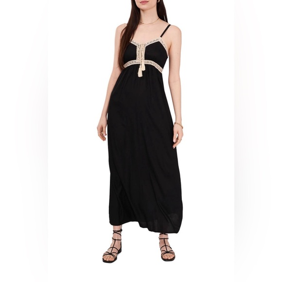 Black Maxi Dress w/ Spaghetti‎ Straps Empire Waist & Cream Crochet Trim size XS - Picture 1 of 10